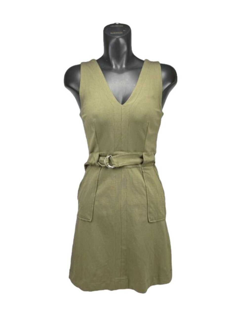 HARVÉ BENARD Sleeveless V-Neck Pockets Belted Waist Olive Green Midi Dress Sz S
